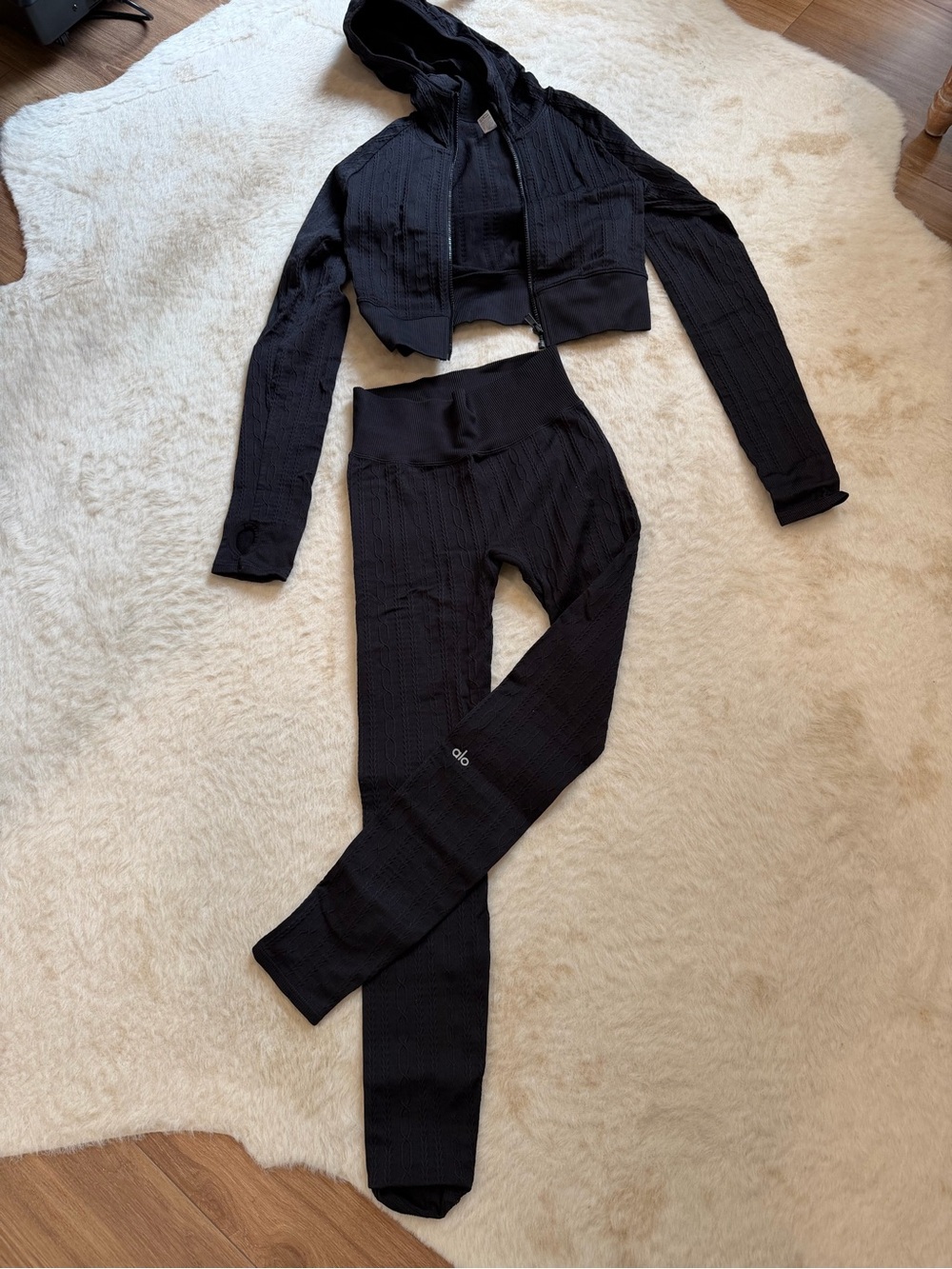 Alo Black High-Waist Ribbed Leggings - with cropped zip hoodie. Black cable